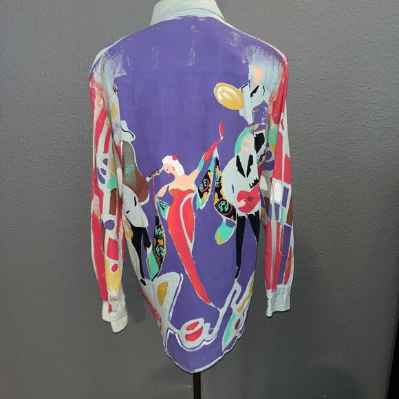 KOLORWAY Hand Painted Denim Button Down New Orleans Jazz Mardi Gras Shirt Top - Picture 6 of 10